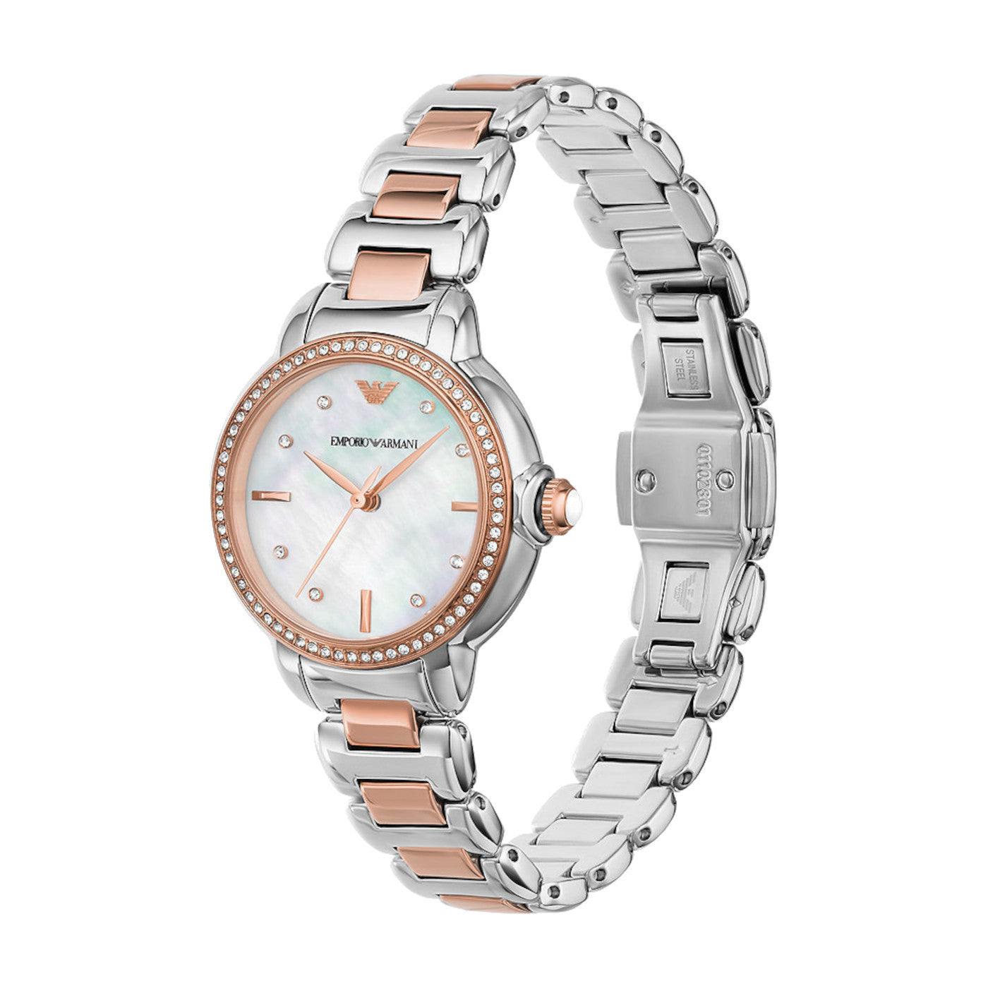  Shop Authentic Emporio Armani Three Hand Quartz Mother of Pearl Dial Two Tone Steel Strap Watch For Women - AR11569 - Luxxuri