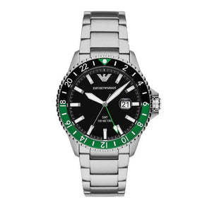  Shop Authentic Emporio Armani Sea Explorer GMT Quartz Black Dial Silver Steel Strap Watch For Men - AR11589 - Luxxuri