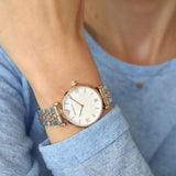  Shop Authentic Emporio Armani T Bar Gianni Classic Mother Of Pearl Dial Two Tone Steel Strap Watch For Women - AR1683 - Luxxuri