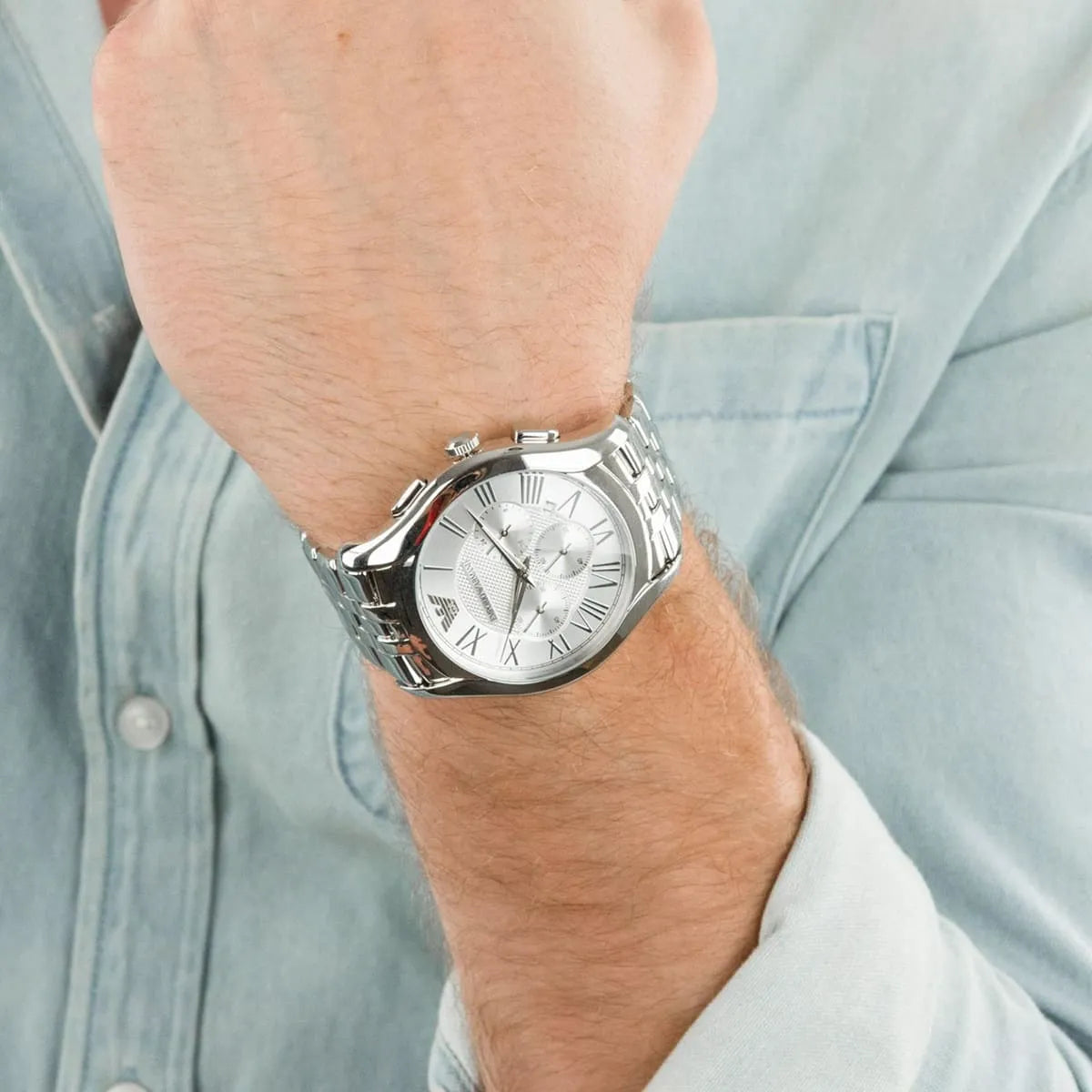  Shop Authentic Emporio Armani Velente Chronograph Quartz Silver Dial Silver Steel Strap Watch For Men - AR1702 - Luxxuri