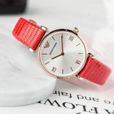  Shop Authentic Emporio Armani Gianni T Bar Silver Dial Red Leather Strap Watch For Women - AR1876 - Luxxuri