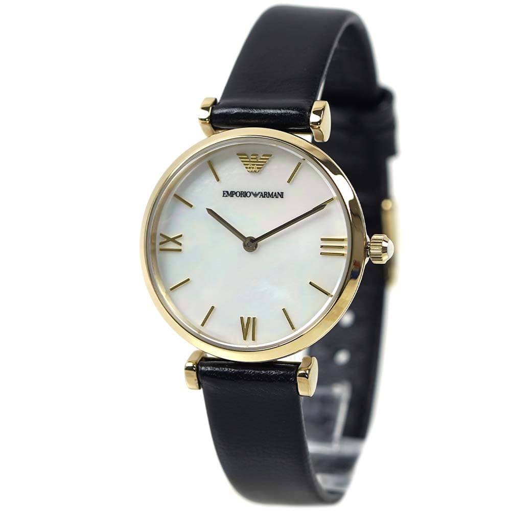  Shop Authentic Emporio Armani Gianni T-Bar Quartz Mother of Pearl Dial Black Leather Strap Watch For Women - AR1910 - Luxxuri