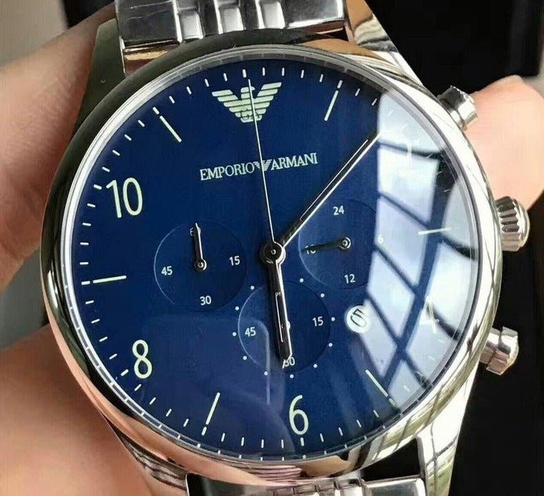 Emporio Armani Chronograph Blue Dial Silver Steel Strap Watch For Men - AR1942