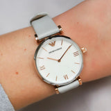  Shop Authentic Emporio Armani Gianni T Bar Quartz Mother of Pearl Dial White Leather Strap Watch For Women - AR1965 - Luxxuri