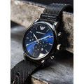  Shop Authentic Emporio Armani Chronograph Blue Dial Gun Metallic Mesh Bracelet Watch For Men - AR1979 - Luxxuri