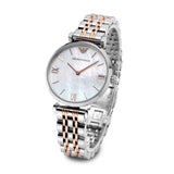  Shop Authentic Emporio Armani Gianni T-Bar Mother of Pearl Dial Two Tone Steel Strap Watch For Women - AR1987 - Luxxuri