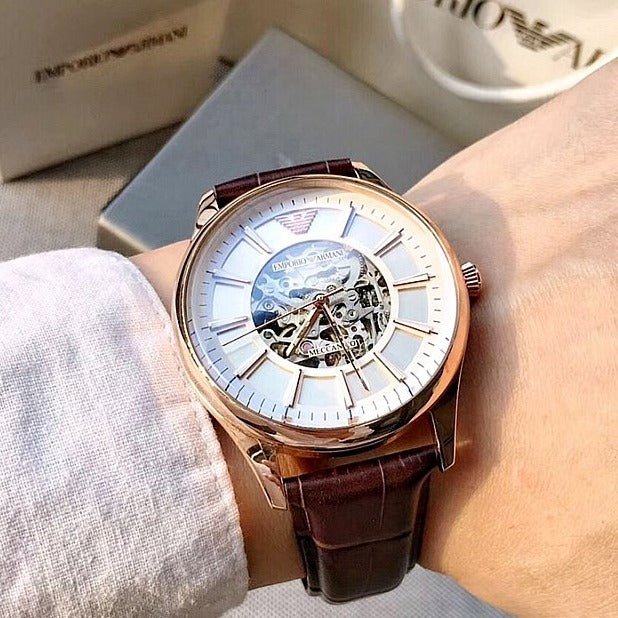  Shop Authentic Emporio Armani Epoca White Skeletal Dial Black Leather Strap Watch For Men - AR2073 - Luxxuri