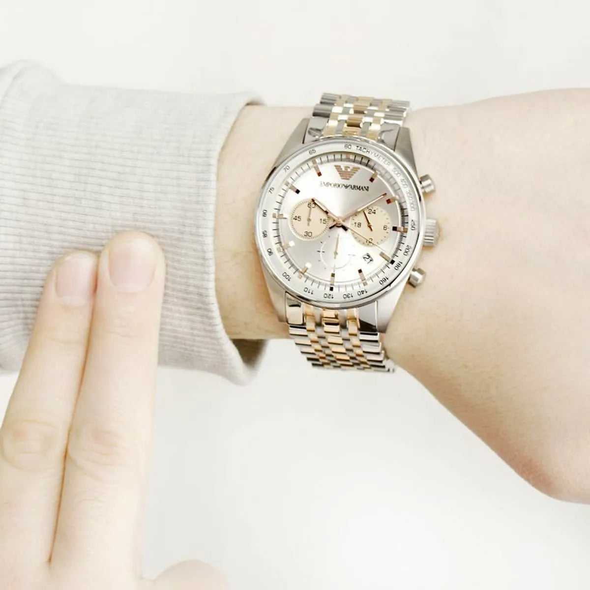  Shop Authentic Emporio Armani Sportivo Chronograph Silver Dial Two Tone Steel Strap Watch For Men - AR5999 - Luxxuri