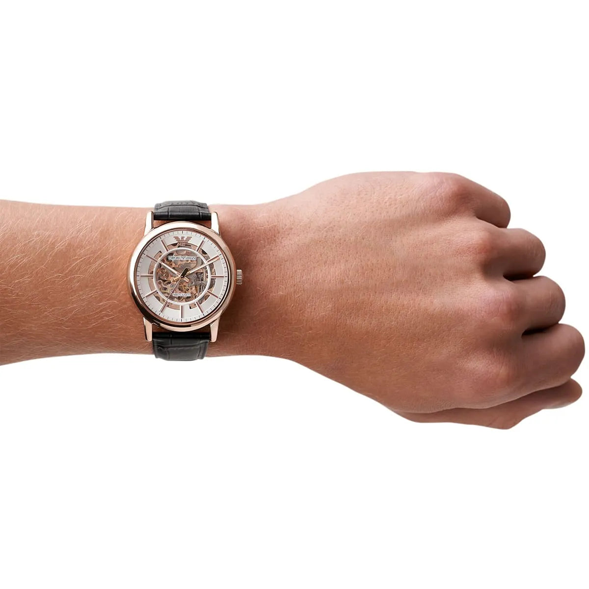  Shop Authentic Emporio Armani Luigi Skeleton Silver Dial Black Leather Strap Watch For Men - AR60007 - Luxxuri