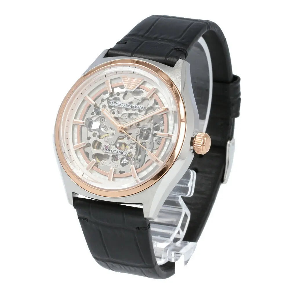  Shop Authentic Emporio Armani Zeta Skeleton Automatic Silver Dial Black Leather Strap Watch For Men - AR60018 - Luxxuri