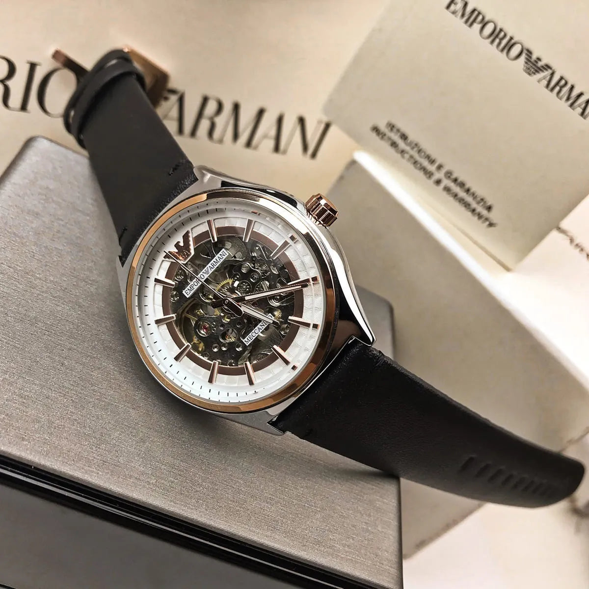  Shop Authentic Emporio Armani Zeta Skeleton Automatic Silver Dial Black Leather Strap Watch For Men - AR60018 - Luxxuri