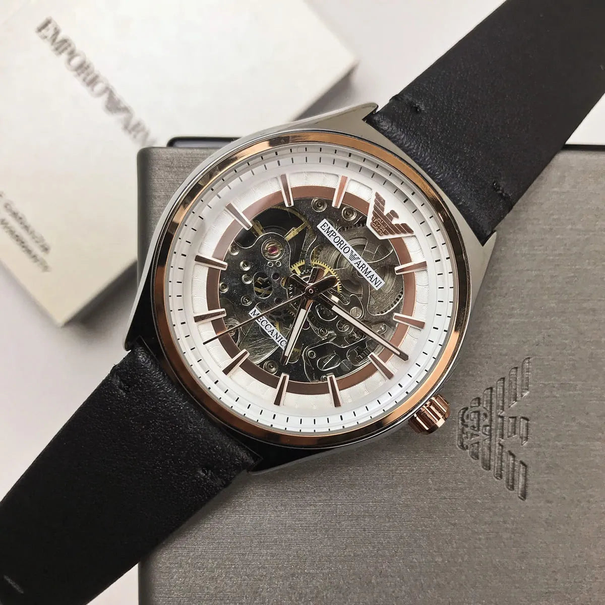  Shop Authentic Emporio Armani Zeta Skeleton Automatic Silver Dial Black Leather Strap Watch For Men - AR60018 - Luxxuri