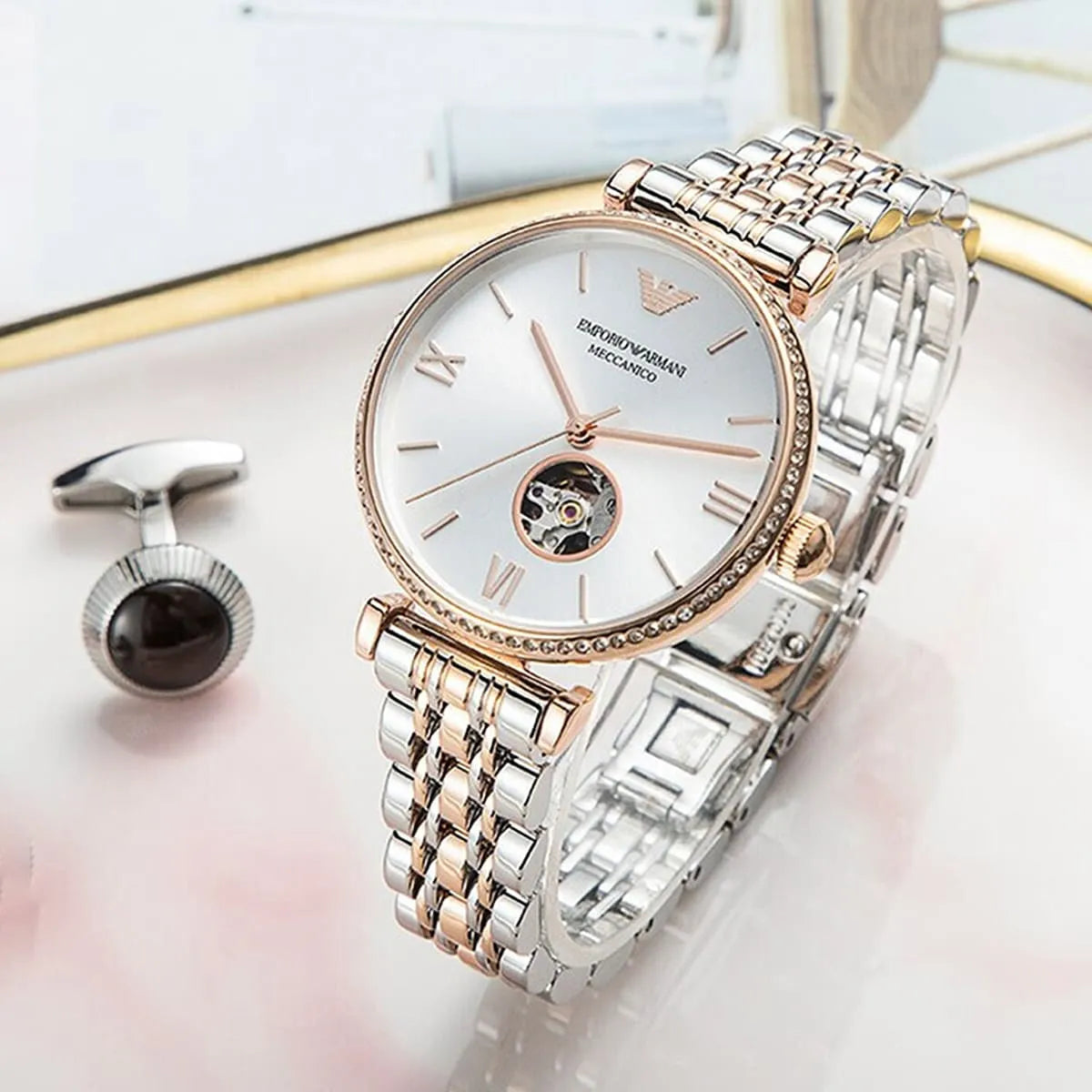  Shop Authentic Emporio Armani Gianni T-Bar Analog White Dial Two Tone Steel Strap Watch For Women - AR60019 - Luxxuri