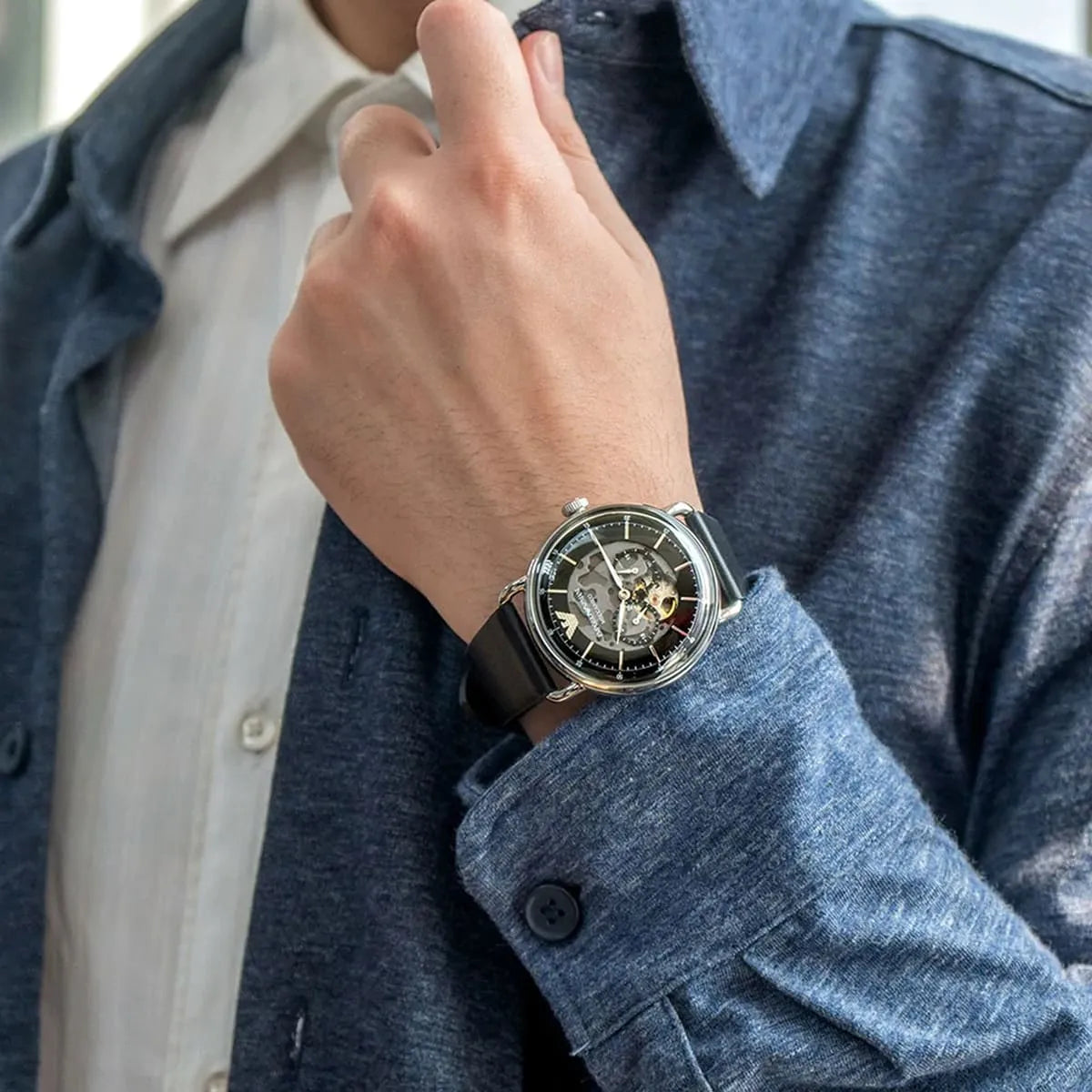  Shop Authentic Emporio Armani Meccanico Skeleton Black Dial Black Leather Strap Watch For Men - AR60026 - Luxxuri