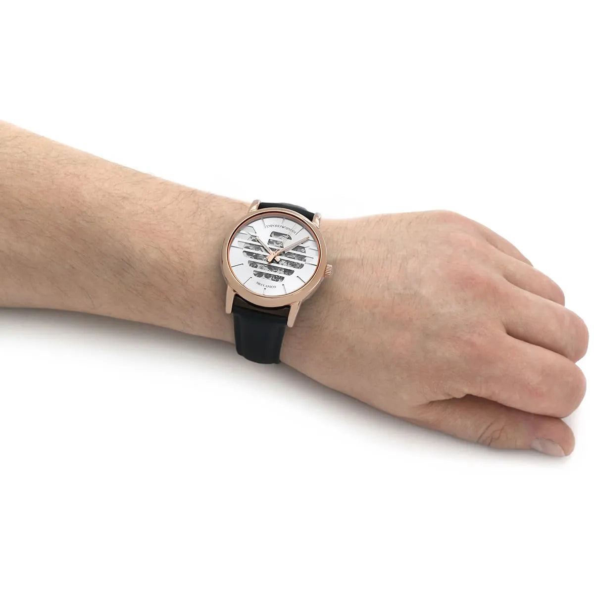  Shop Authentic Emporio Armani Meccanico Skeleton Silver Dial Black Leather Strap Watch For Men - AR60031 - Luxxuri