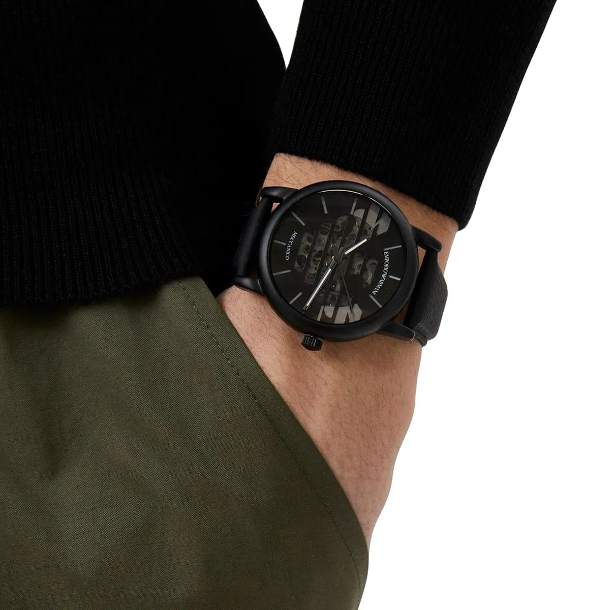  Shop Authentic Emporio Armani Meccanico Quartz Black Dial Black Leather Strap Watch For Men - AR60032 - Luxxuri