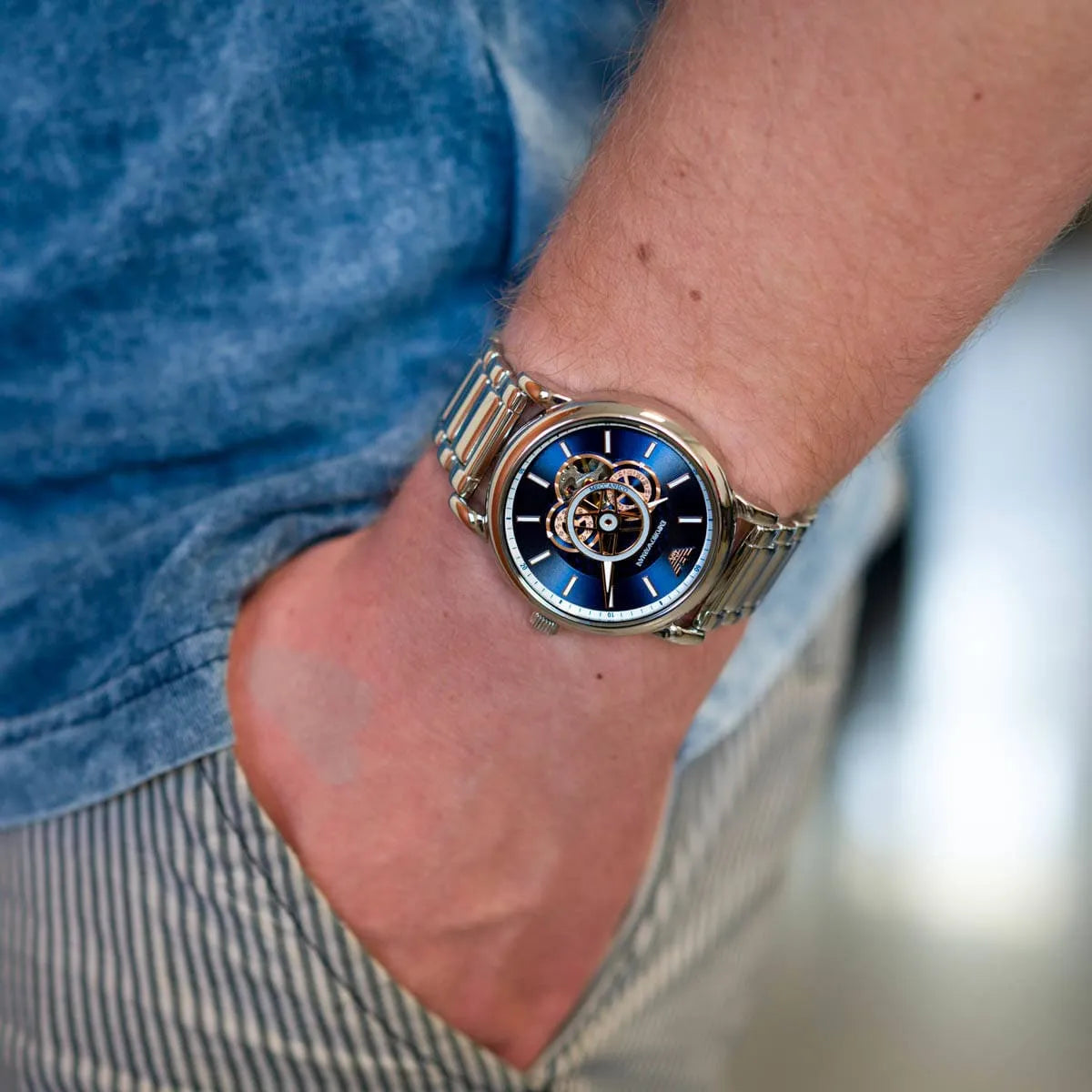  Shop Authentic Emporio Armani Luigi Chronograph Skeleton Blue Dial Silver Steel Strap Watch For Men - AR60036 - Luxxuri