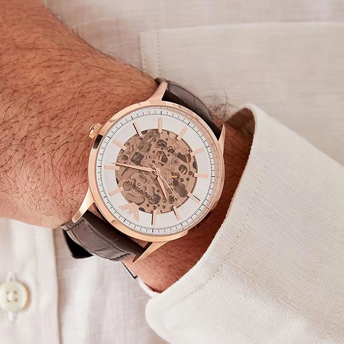  Shop Authentic Emporio Armani Meccanico Automatic Silver Dial Brown Leather Strap Watch For Men - AR60039 - Luxxuri