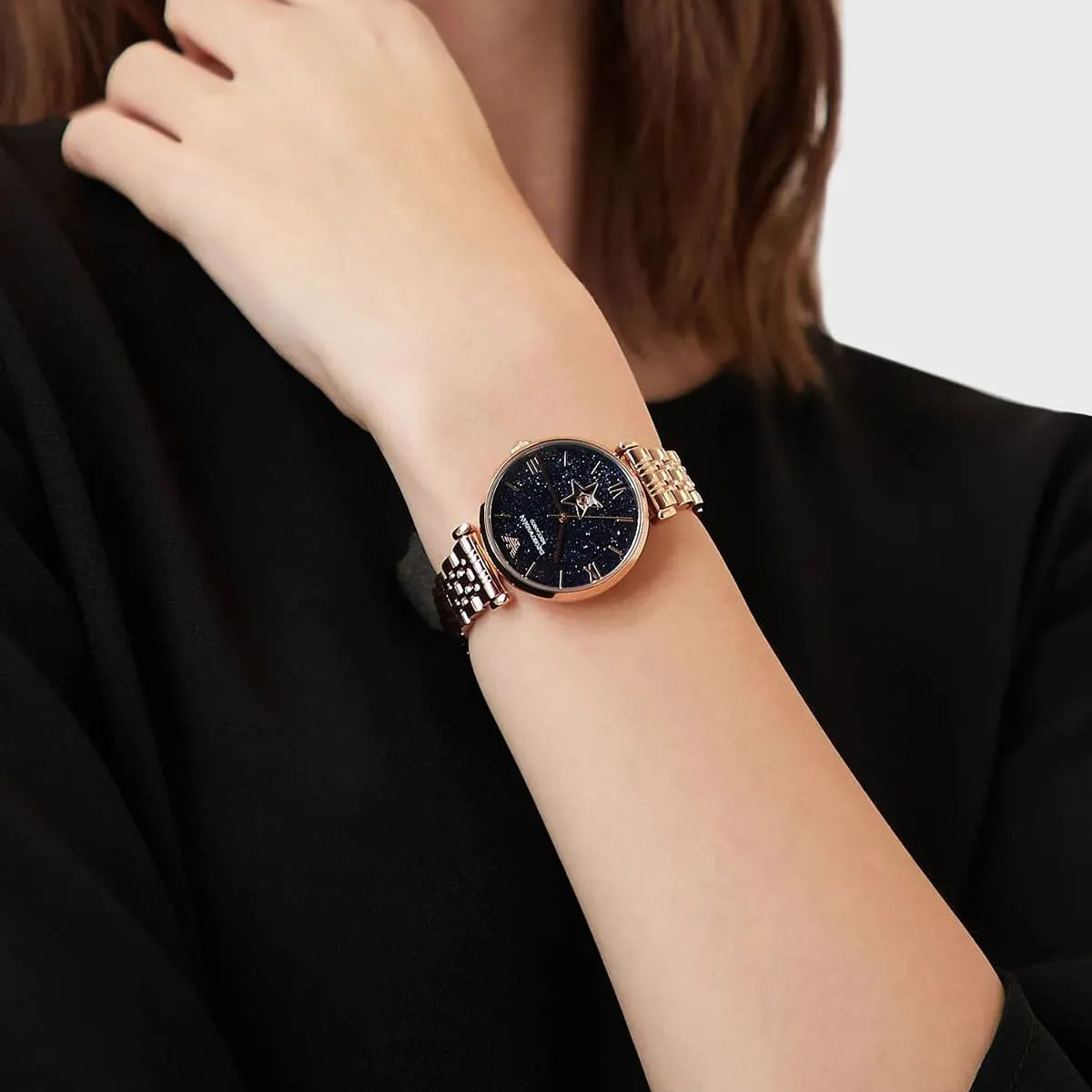  Shop Authentic Emporio Armani Meccanico Crystals Black Dial Rose Gold Steel Strap Watch For Women - AR60043 - Luxxuri