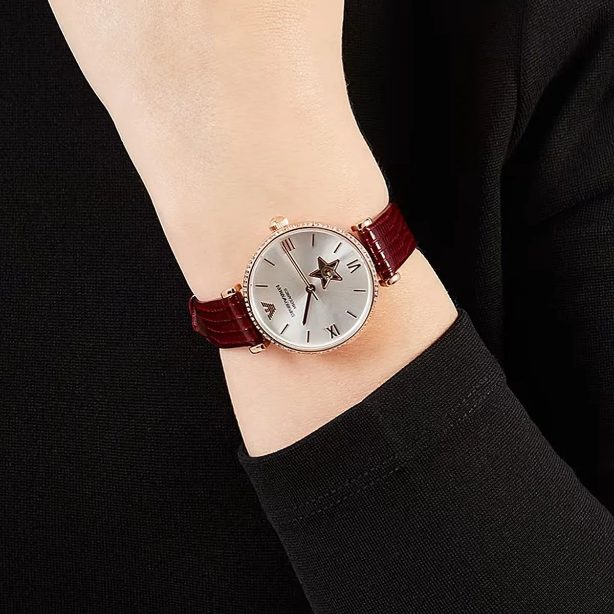  Shop Authentic Emporio Armani Meccanico Automatic Silver Dial Burgundy Leather Strap Watch For Women - AR60044 - Luxxuri