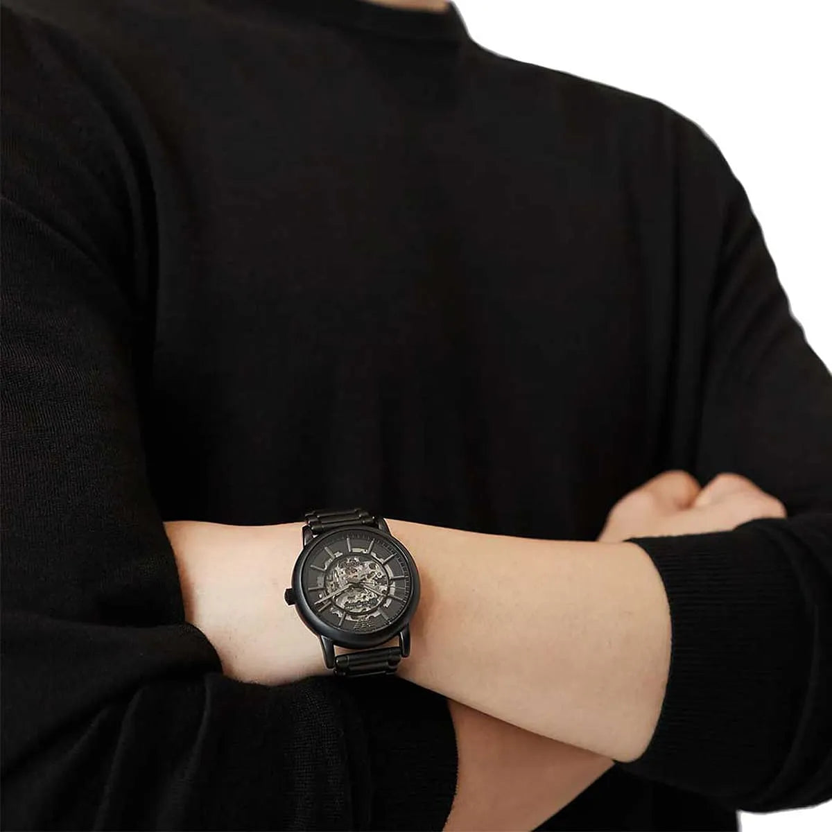  Shop Authentic Emporio Armani Meccanico Skeleton Black Dial Black Steel Strap Watch For Men - AR60045 - Luxxuri