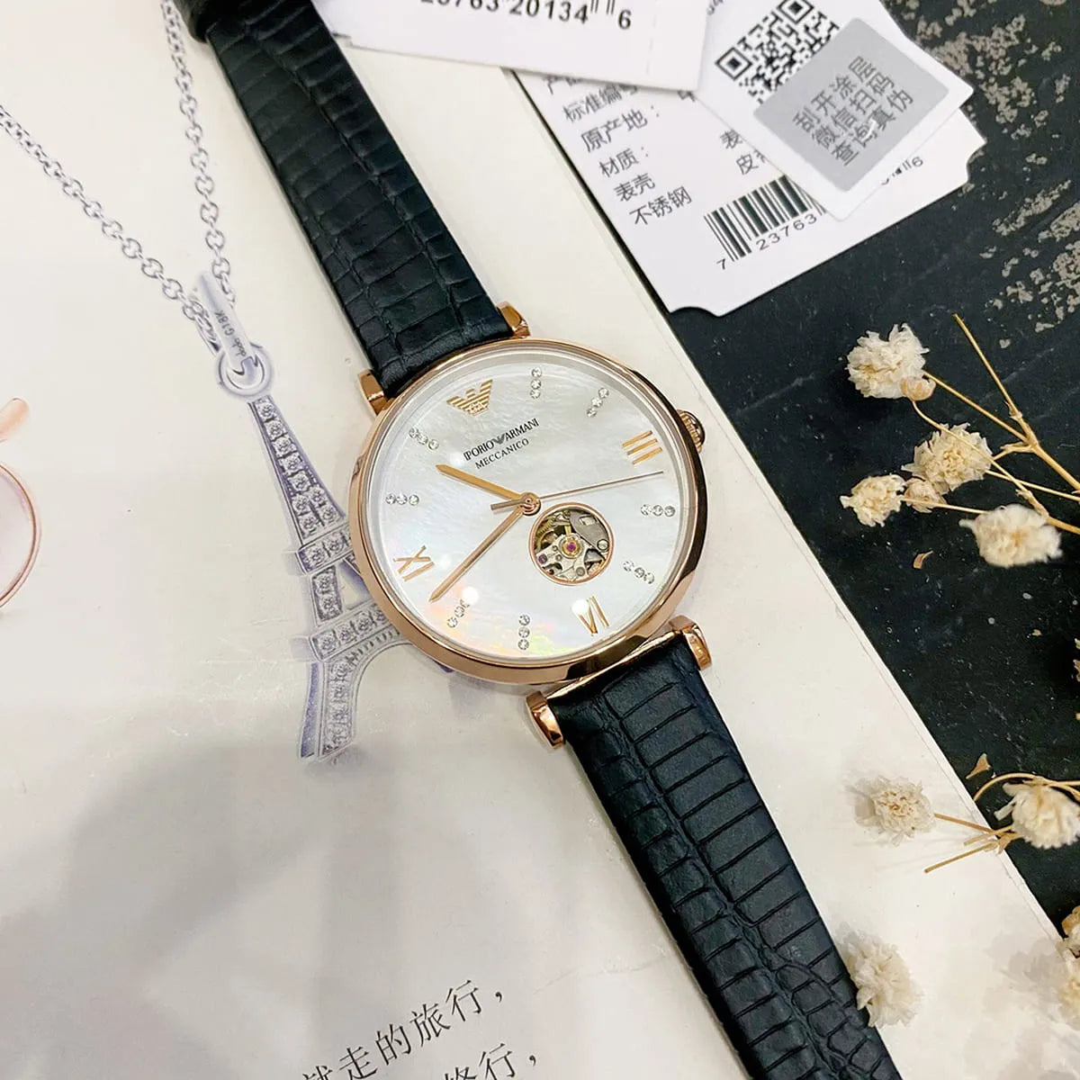  Shop Authentic Emporio Armani Gianni T Bar Mother of Pearl White Dial Black Leather Strap Watch For Women - AR60047 - Luxxuri