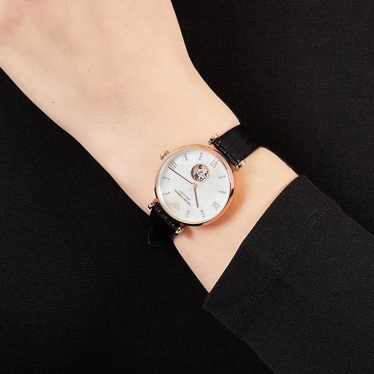  Shop Authentic Emporio Armani Gianni T Bar Mother of Pearl White Dial Black Leather Strap Watch For Women - AR60047 - Luxxuri