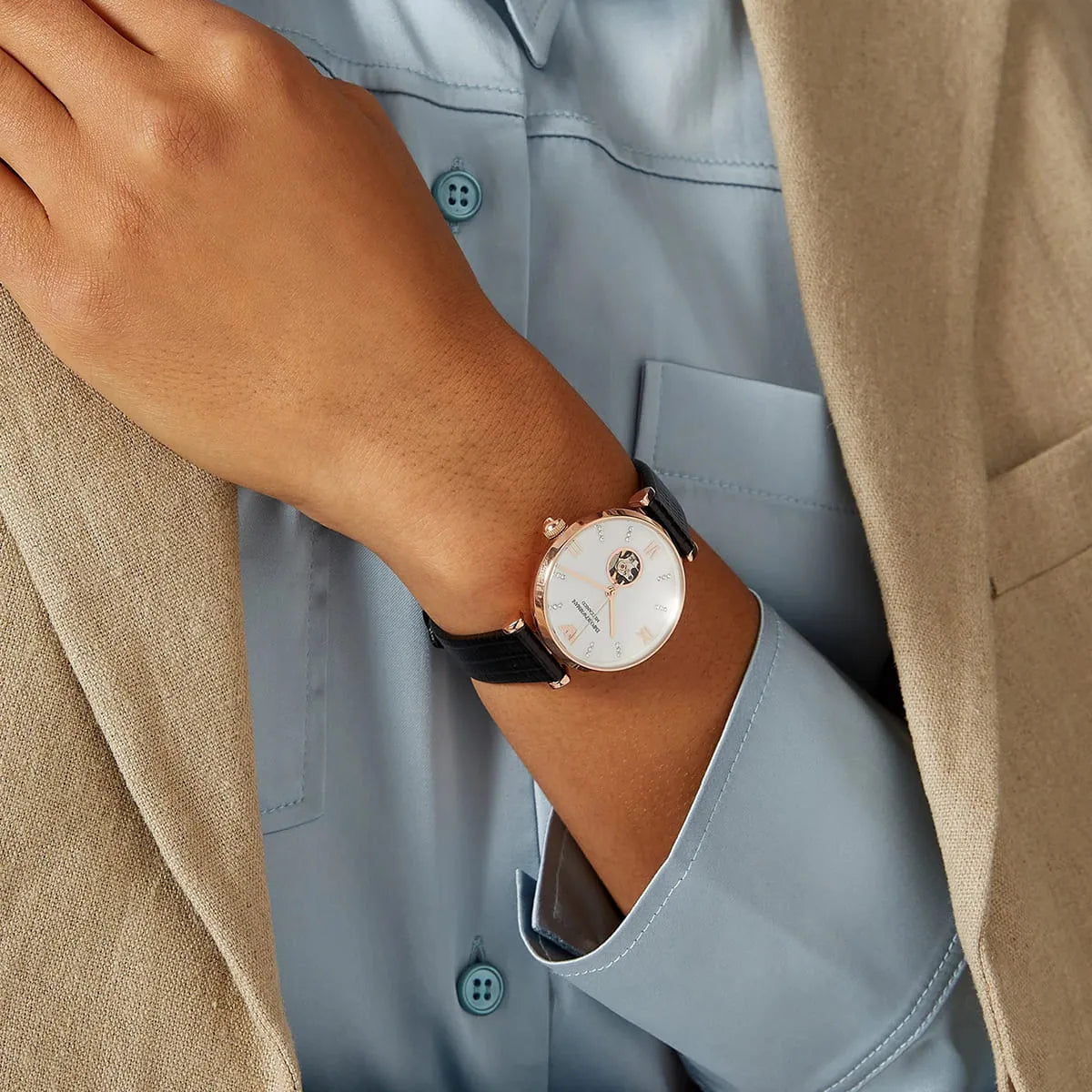  Shop Authentic Emporio Armani Gianni T Bar Mother of Pearl White Dial Black Leather Strap Watch For Women - AR60047 - Luxxuri