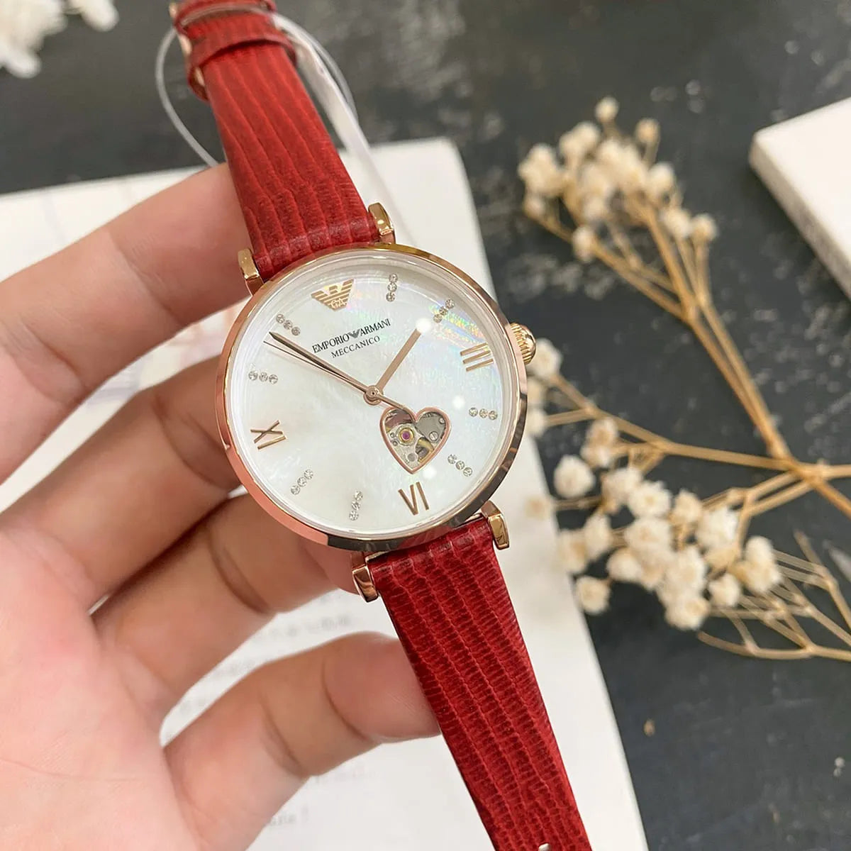  Shop Authentic Emporio Armani Gianni T-Bar Mother of Pearl White Dial Red Leather Strap Watch For Women - AR60048 - Luxxuri