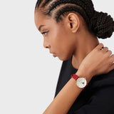  Shop Authentic Emporio Armani Gianni T-Bar Mother of Pearl White Dial Red Leather Strap Watch For Women - AR60048 - Luxxuri