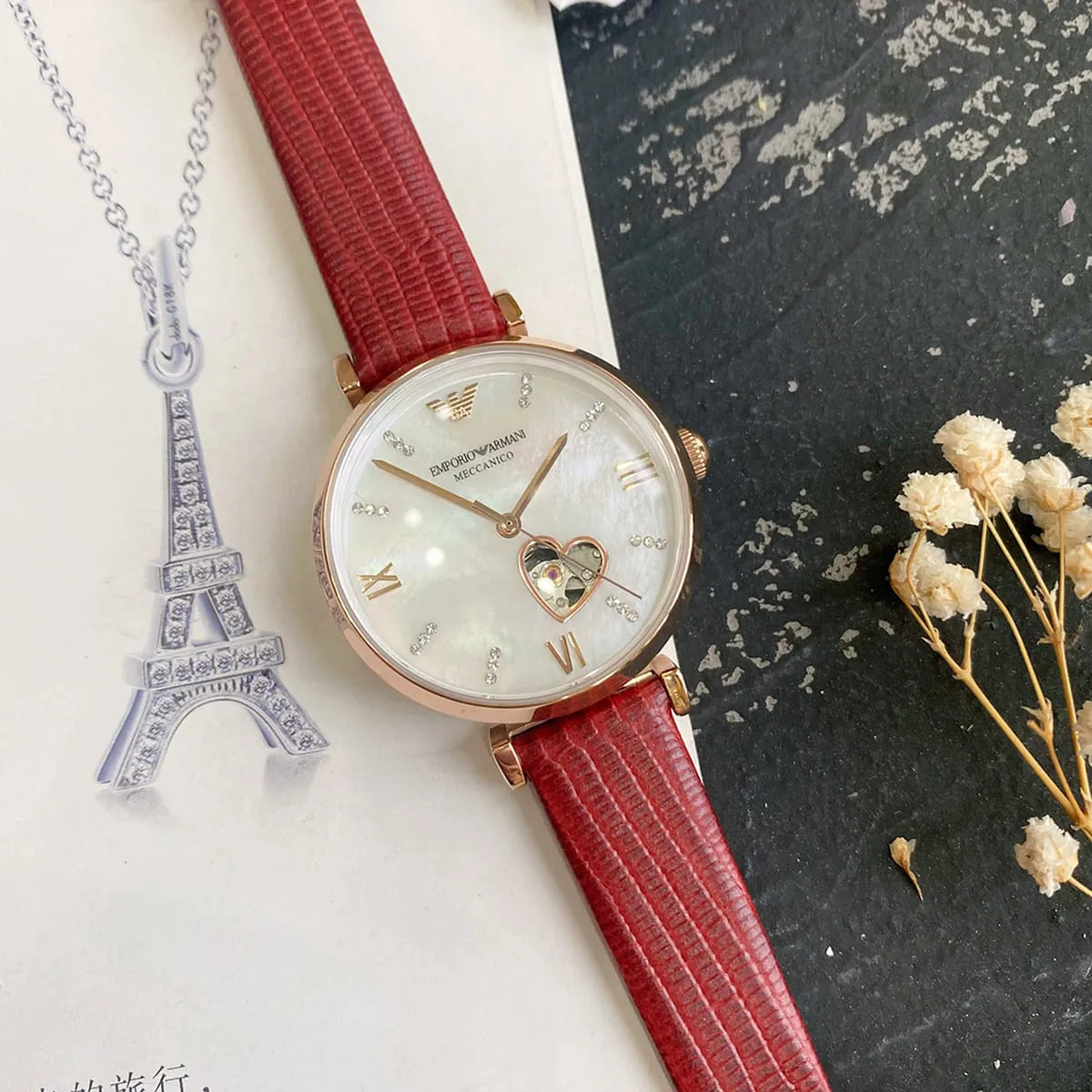  Shop Authentic Emporio Armani Gianni T-Bar Mother of Pearl White Dial Red Leather Strap Watch For Women - AR60048 - Luxxuri