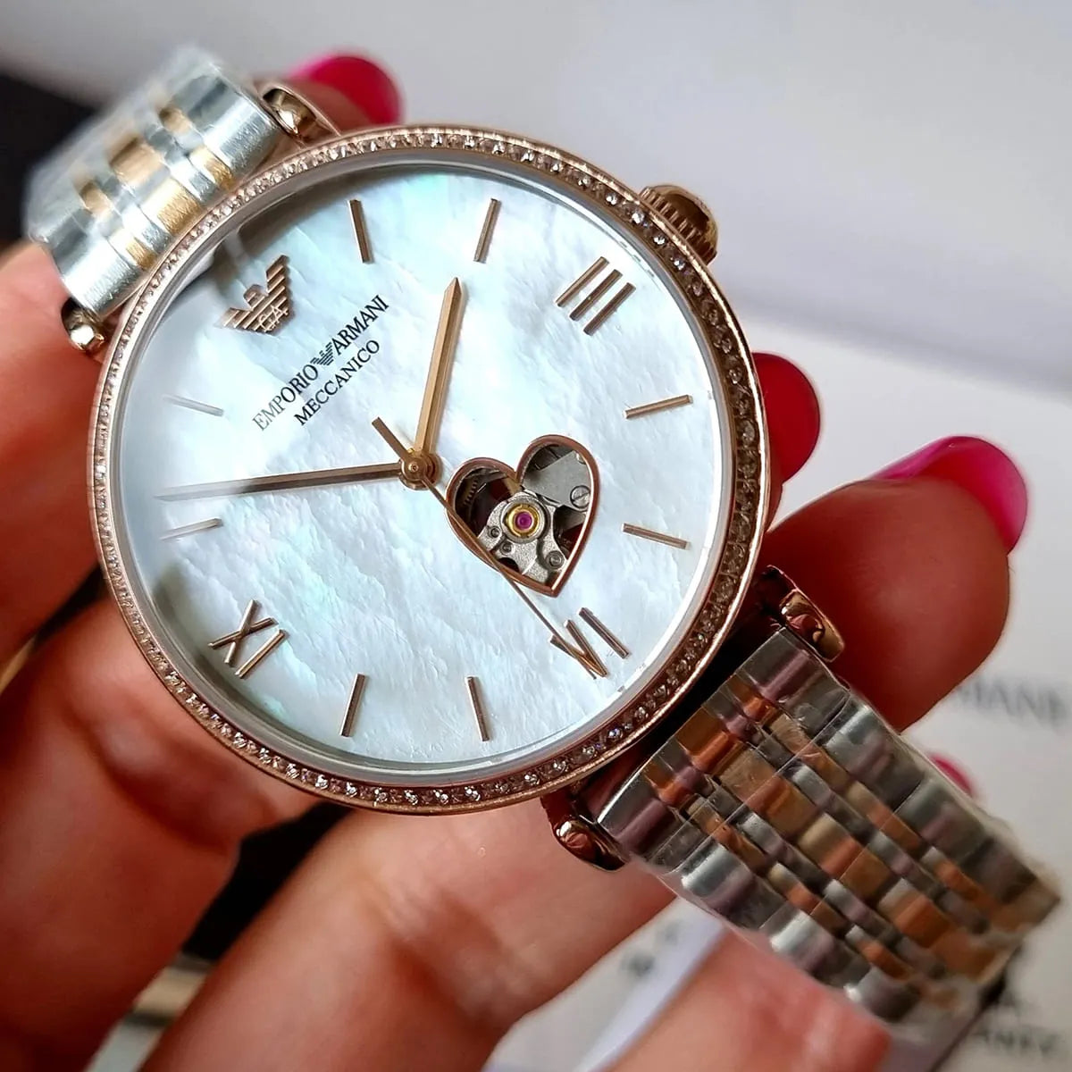  Shop Authentic Emporio Armani Meccanico Automatic Mother of Pearl Dial Two Tone Steel Strap Watch For Women - AR60049 - Luxxuri