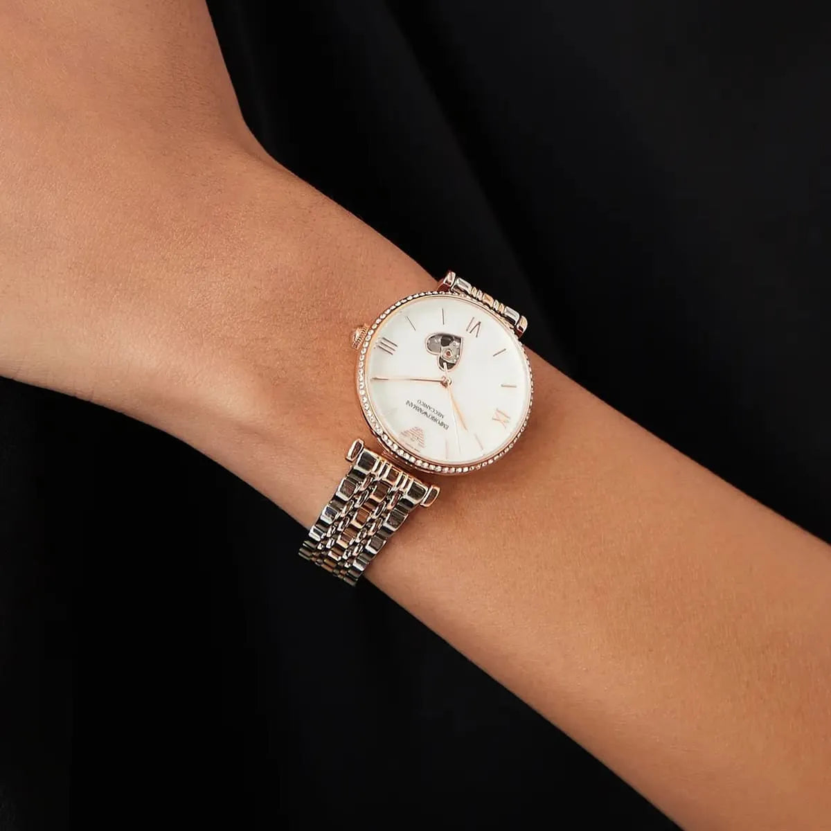  Shop Authentic Emporio Armani Meccanico Automatic Mother of Pearl Dial Two Tone Steel Strap Watch For Women - AR60049 - Luxxuri