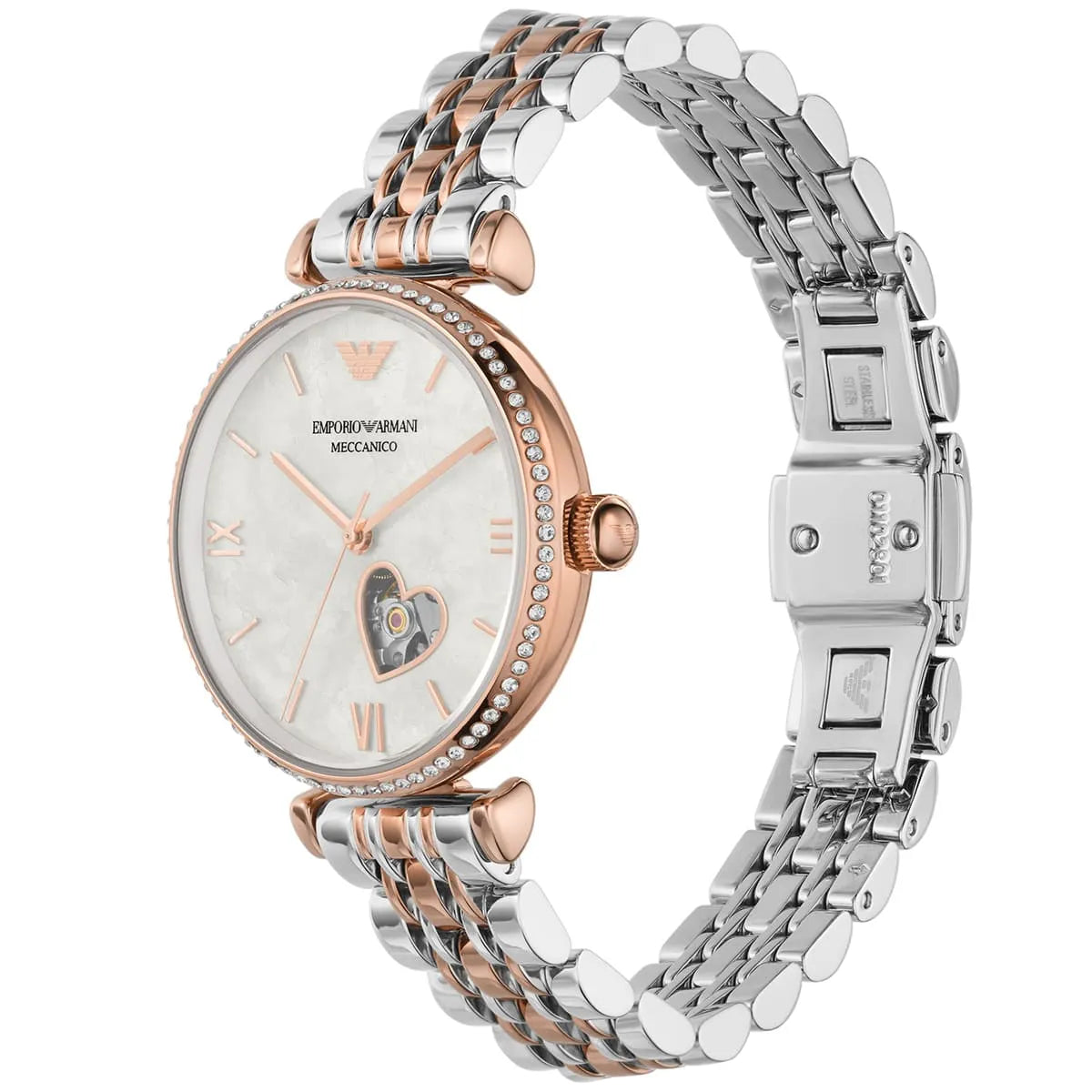  Shop Authentic Emporio Armani Meccanico Automatic Mother of Pearl Dial Two Tone Steel Strap Watch For Women - AR60049 - Luxxuri