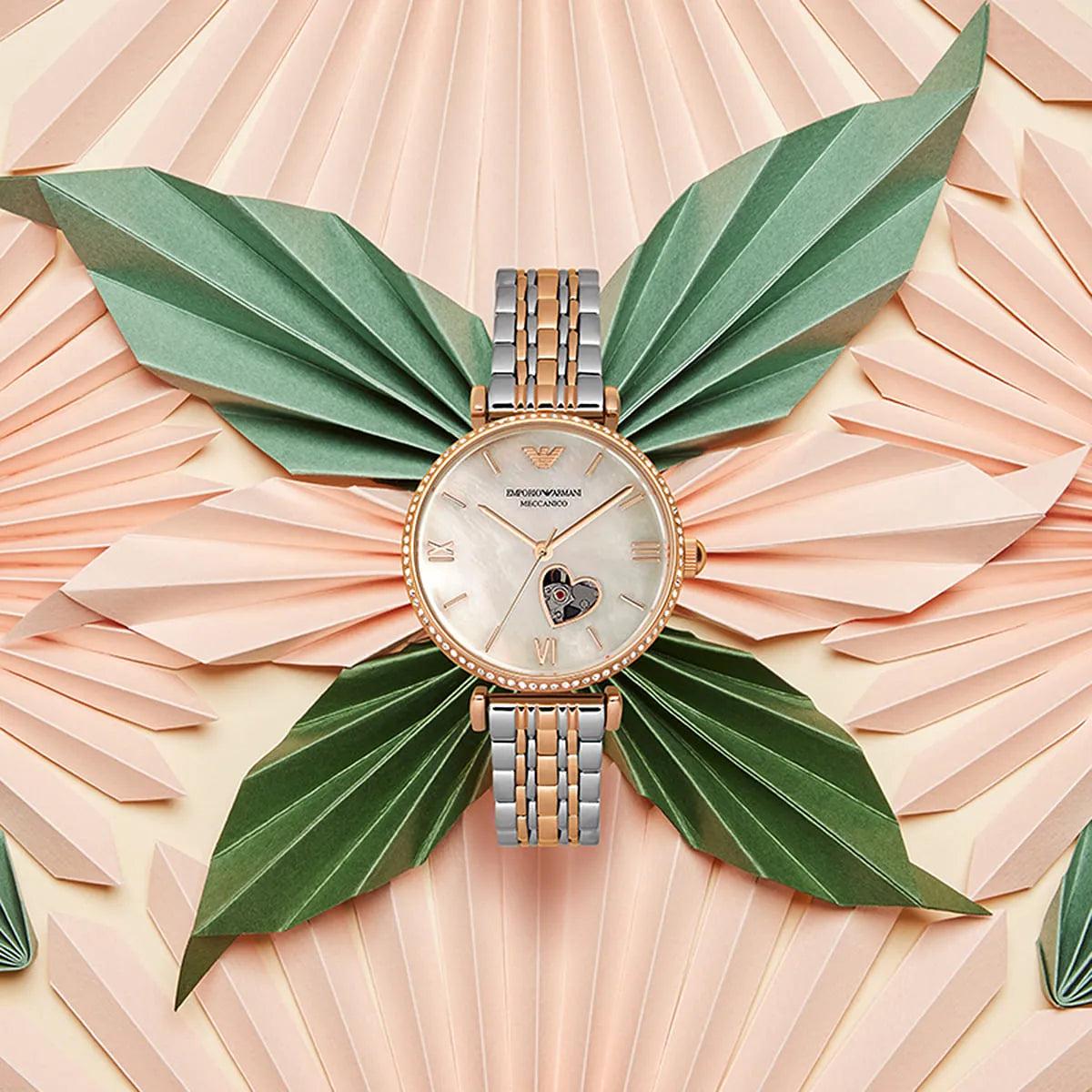  Shop Authentic Emporio Armani Meccanico Automatic Mother of Pearl Dial Two Tone Steel Strap Watch For Women - AR60049 - Luxxuri