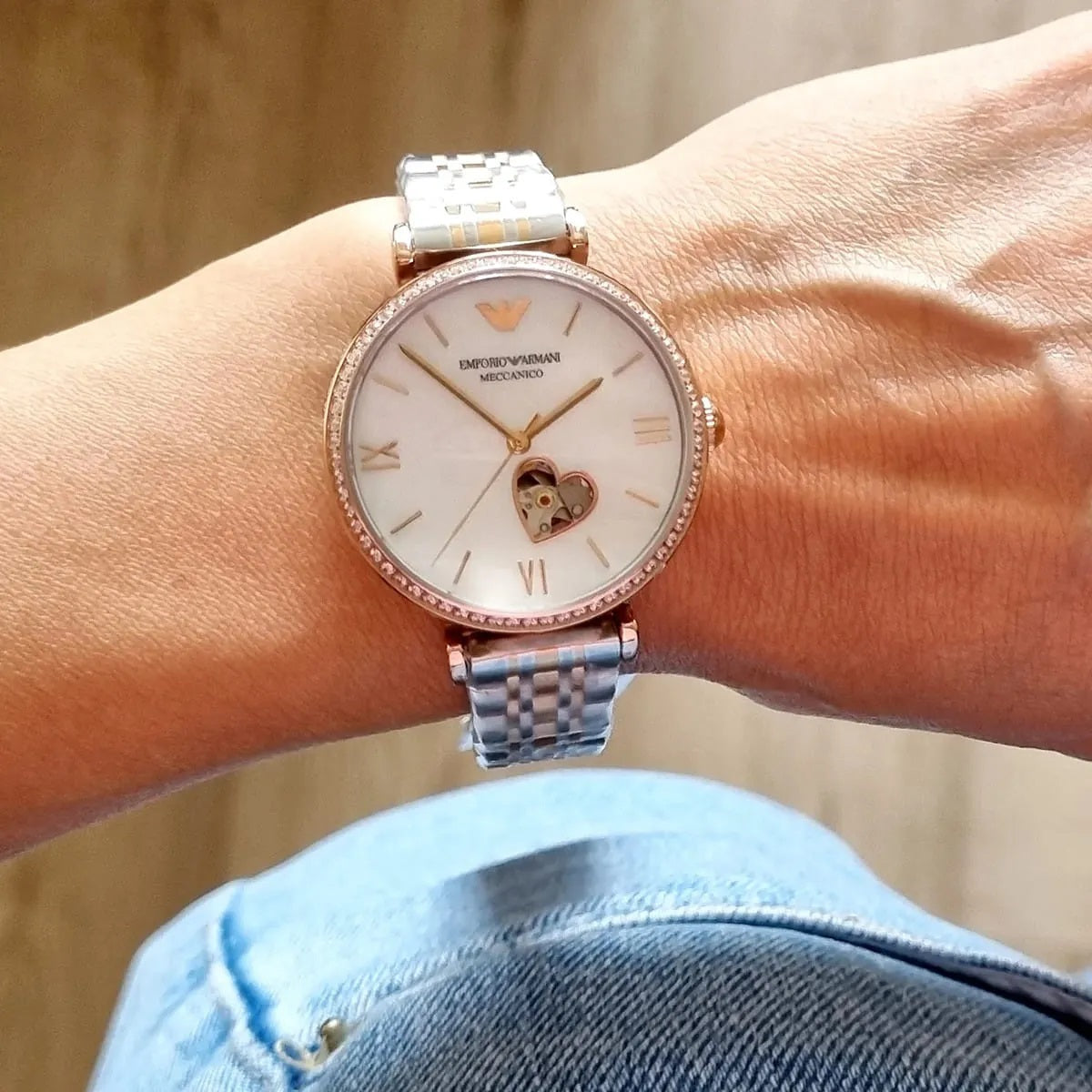  Shop Authentic Emporio Armani Meccanico Automatic Mother of Pearl Dial Two Tone Steel Strap Watch For Women - AR60049 - Luxxuri