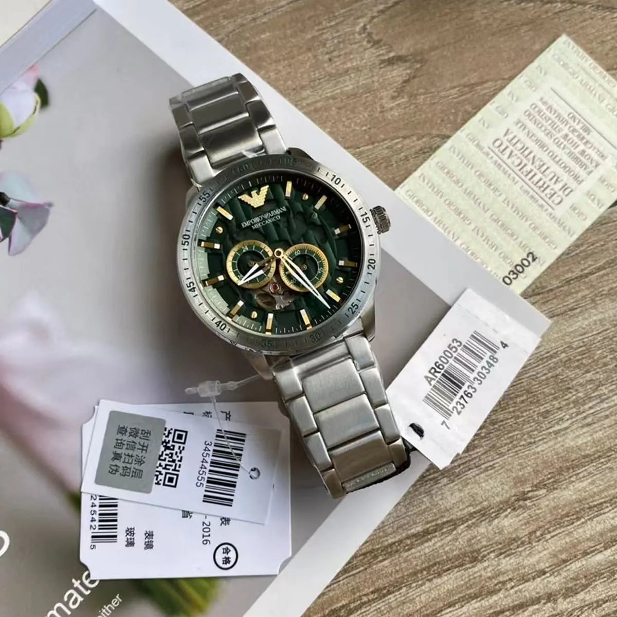  Shop Authentic Emporio Armani Meccanico Chronograph Automatic Green Dial Silver Steel Strap Watch For Men - AR60053 - Luxxuri