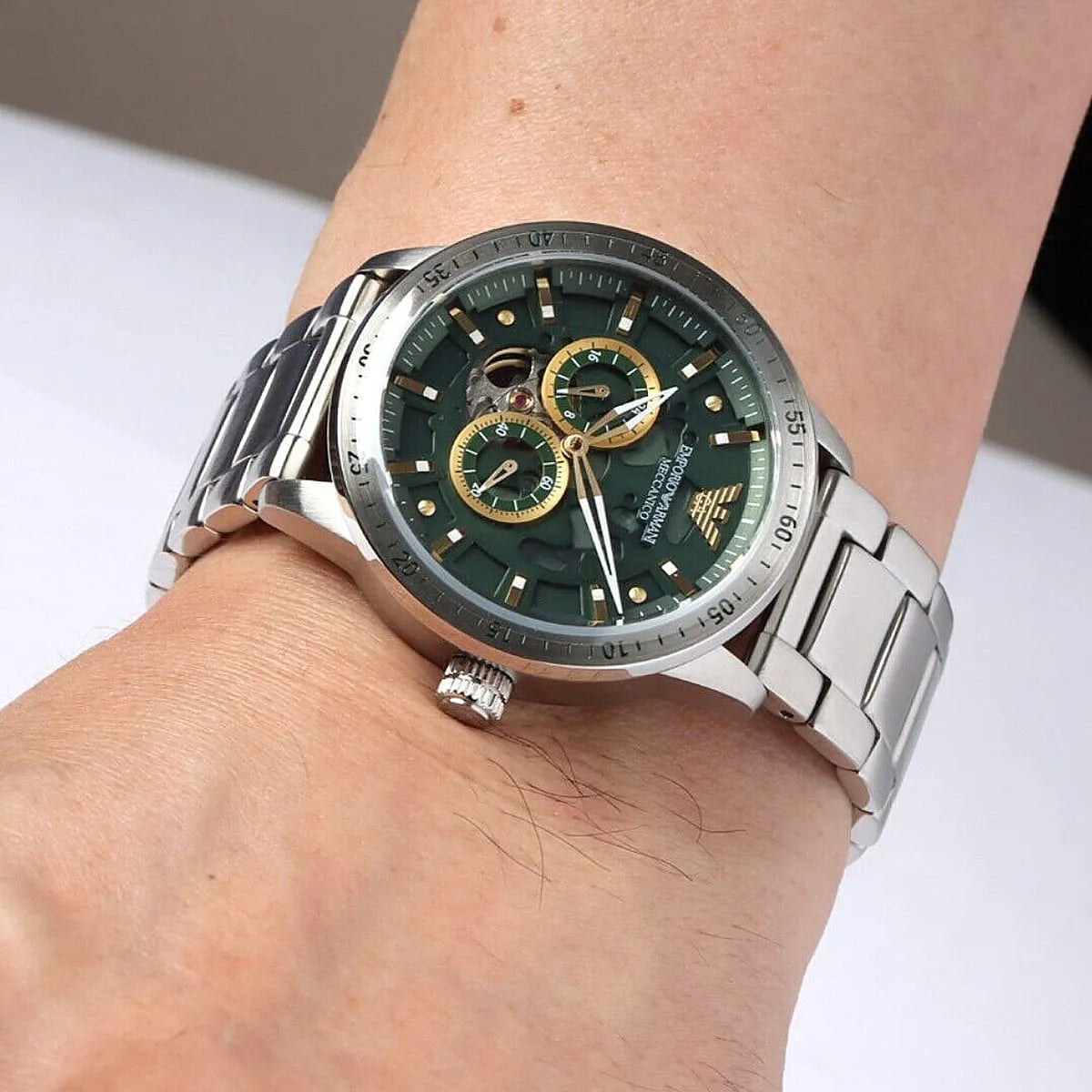  Shop Authentic Emporio Armani Meccanico Chronograph Automatic Green Dial Silver Steel Strap Watch For Men - AR60053 - Luxxuri