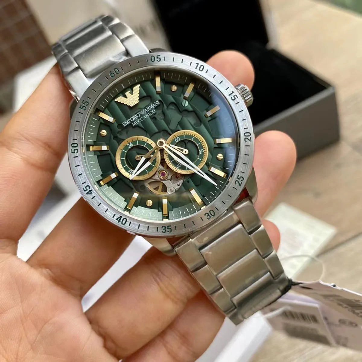  Shop Authentic Emporio Armani Meccanico Chronograph Automatic Green Dial Silver Steel Strap Watch For Men - AR60053 - Luxxuri