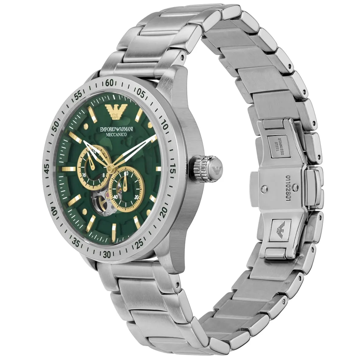  Shop Authentic Emporio Armani Meccanico Chronograph Automatic Green Dial Silver Steel Strap Watch For Men - AR60053 - Luxxuri