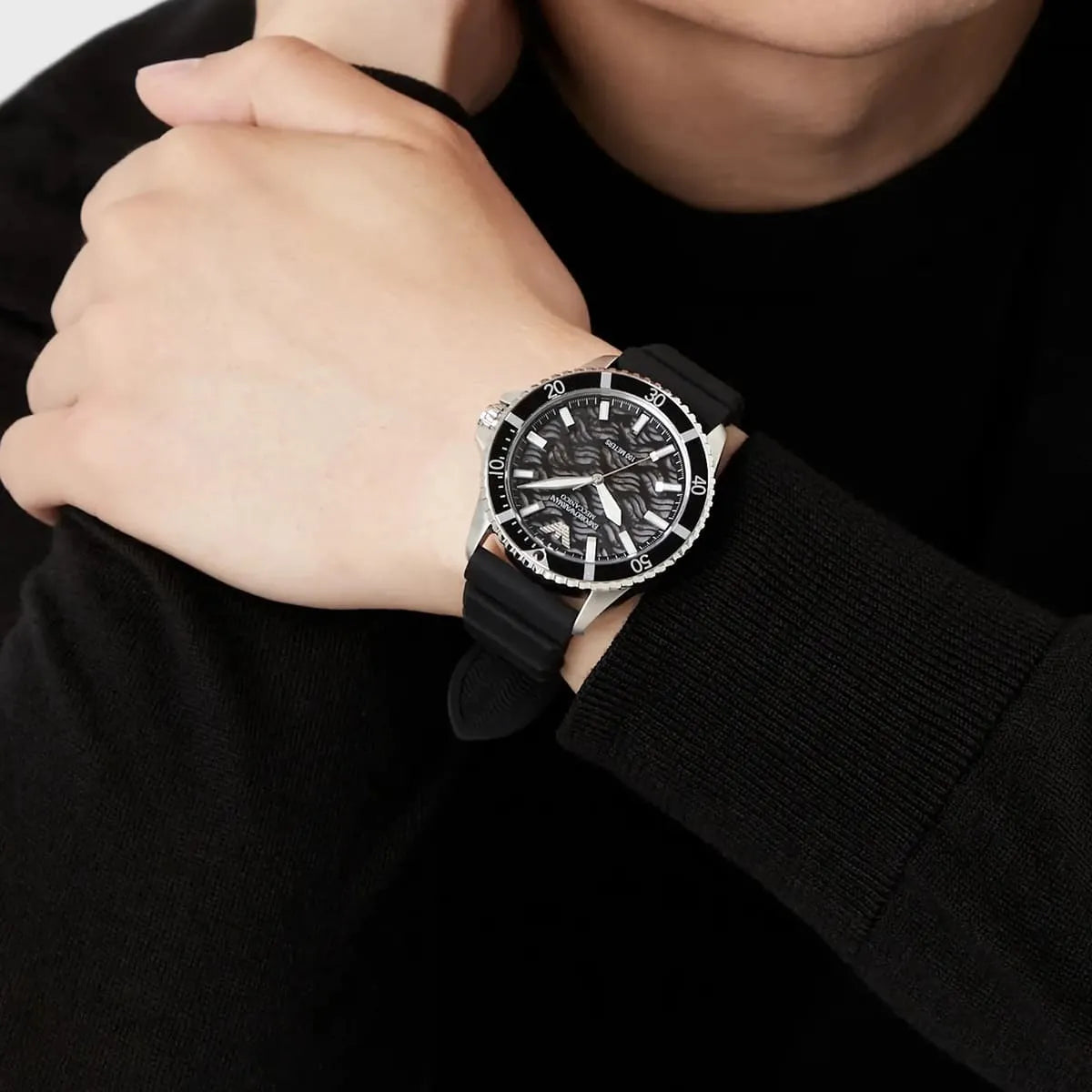  Shop Authentic Emporio Armani Meccanico Automatic Black Dial Black Silicone Strap Watch For Men - AR60062 - Luxxuri