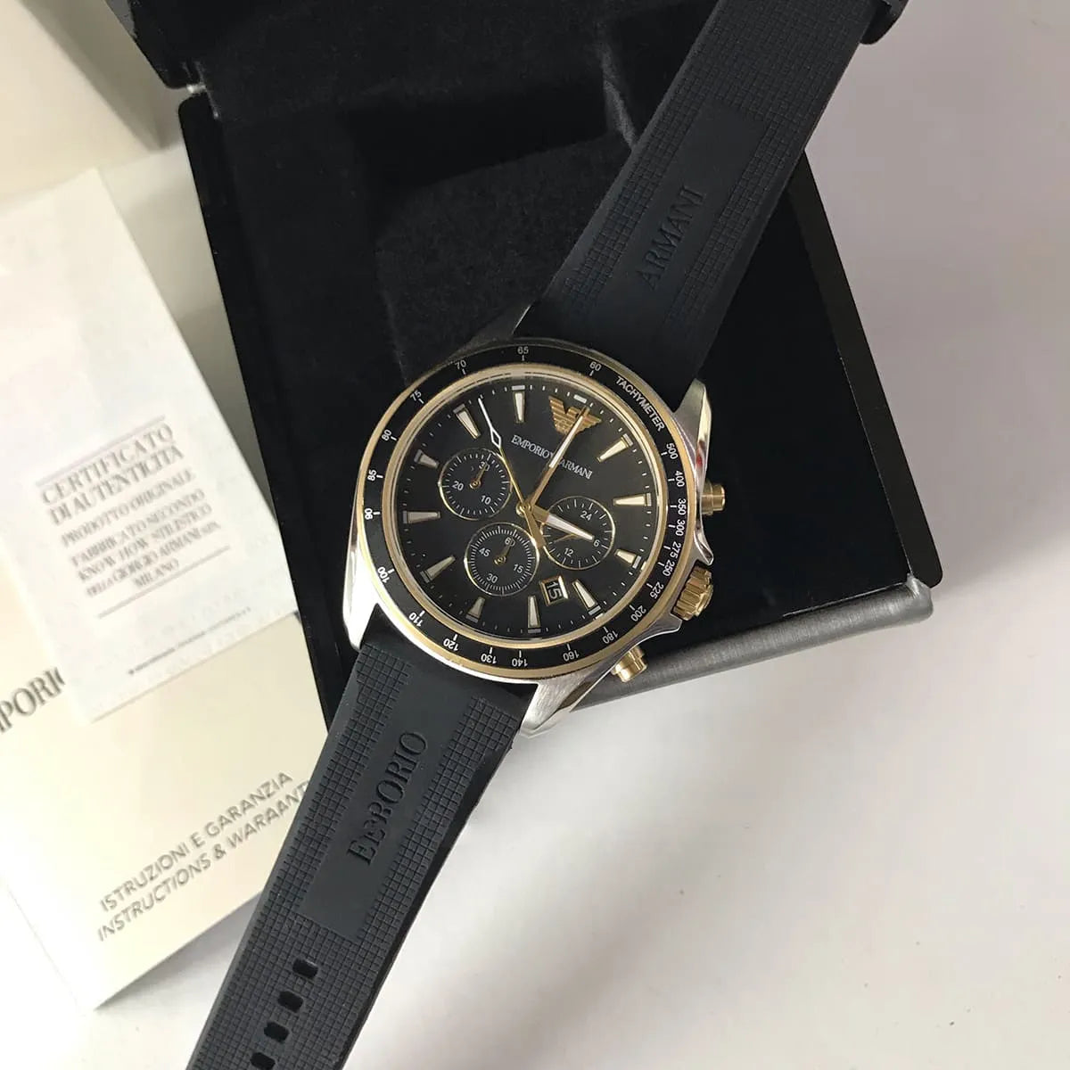  Shop Authentic Emporio Armani Sigma Chronograph lack Dial Black Rubber Strap Watch For Men - AR80003 - Luxxuri