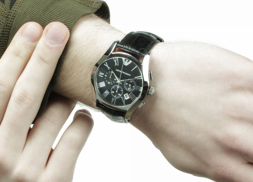  Shop Authentic Emporio Armani Valente Chronograph Black Dial Black Leather Strap Watch For Men - AR1633 - Luxxuri