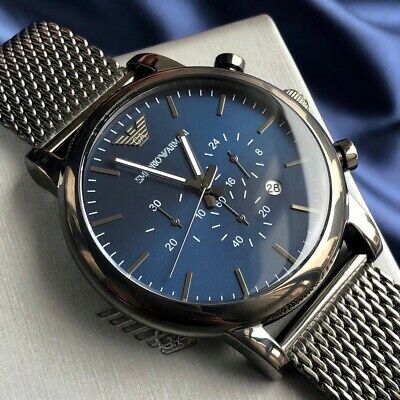  Shop Authentic Emporio Armani Chronograph Blue Dial Gun Metallic Mesh Bracelet Watch For Men - AR1979 - Luxxuri