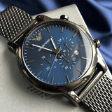  Shop Authentic Emporio Armani Chronograph Blue Dial Gun Metallic Mesh Bracelet Watch For Men - AR1979 - Luxxuri