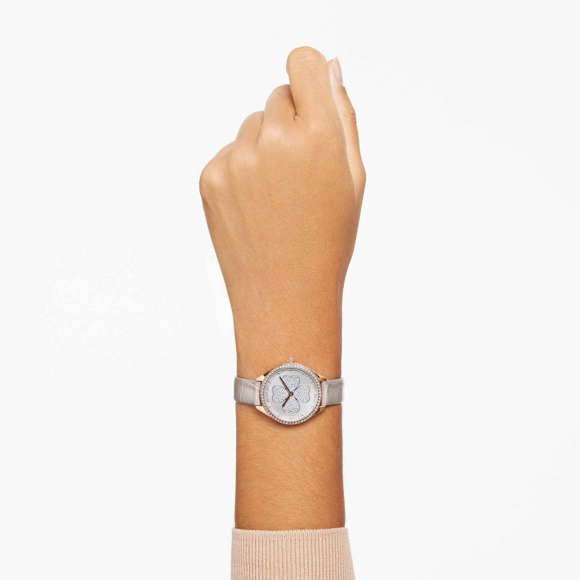 Swarovski Attract Clover Crystals Silver Dial Grey Leather Strap Watch for Women - 5653350