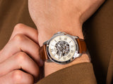  Shop Authentic Fossil Grant Automatic Beige Skeleton Dial Brown Leather Strap Watch for Men - ME3099 - Luxxuri