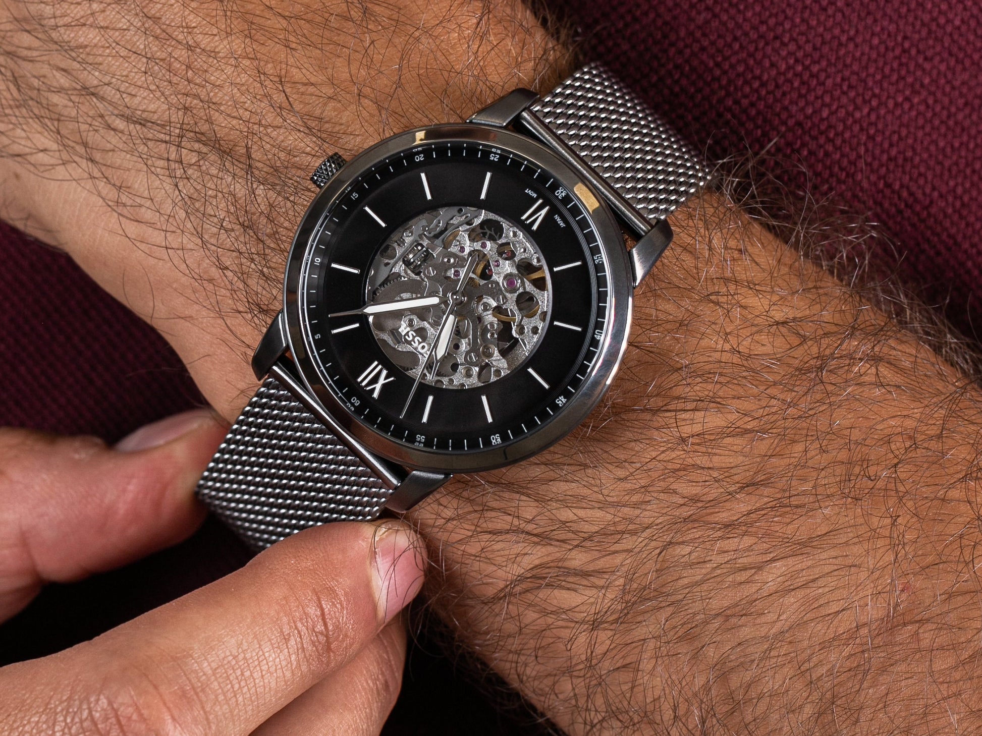  Shop Authentic Fossil Neutra Automatic Skeleton Black Dial Grey Mesh Strap Watch for Men - ME3185 - Luxxuri