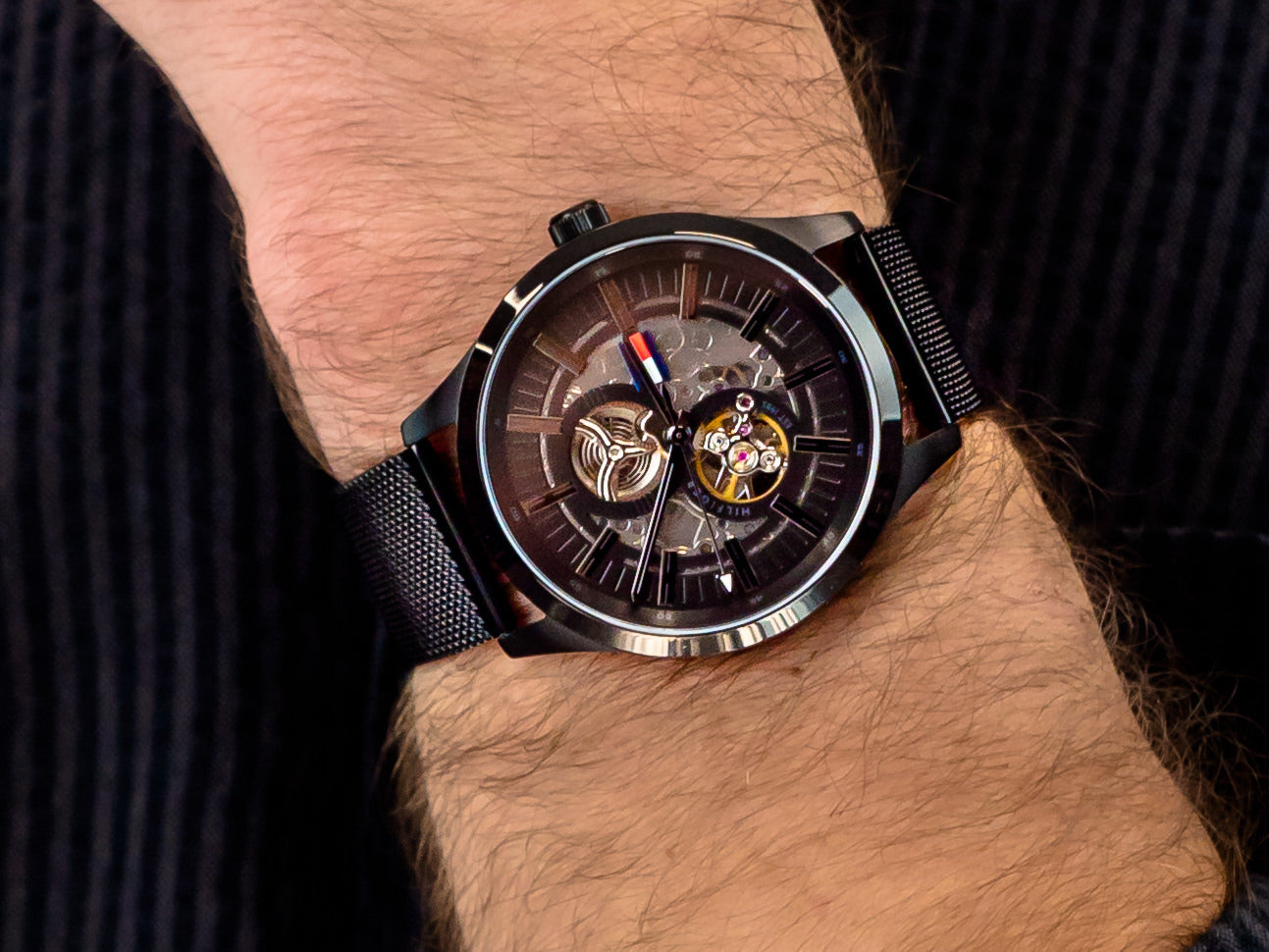  Shop Authentic Tommy Hilfiger Spencer Skeleton Black Dial Black Mesh Bracelet Watch for Men - 1791644 - Luxxuri