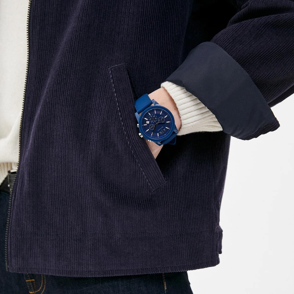  Shop Authentic Armani Exchange Outerbanks Chronograph Blue Dial Blue Silicone Strap Watch For Men - AX1327 - Luxxuri